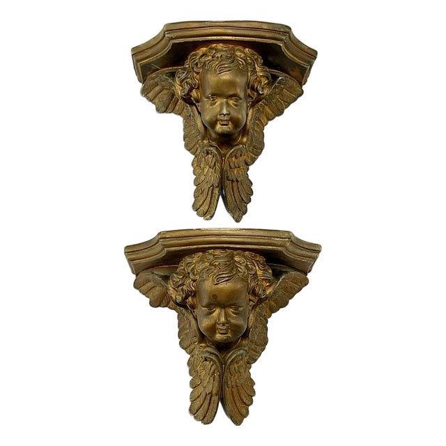 Pair of Vintage Gilded Plaster Winged Cherub Wall Sconce Shelves For Sale