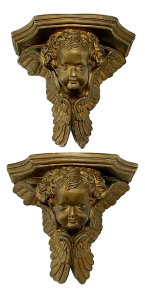 Pair of Vintage Gilded Plaster Winged Cherub Wall Sconce Shelves
