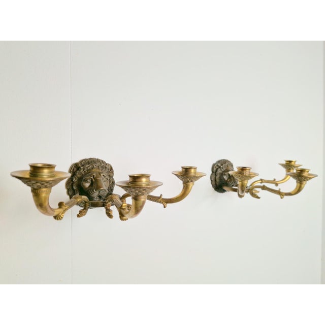 20th Century French Bronze & Brass Wall Sconces with Lion Heads, Set of 2 For Sale - Image 3 of 14