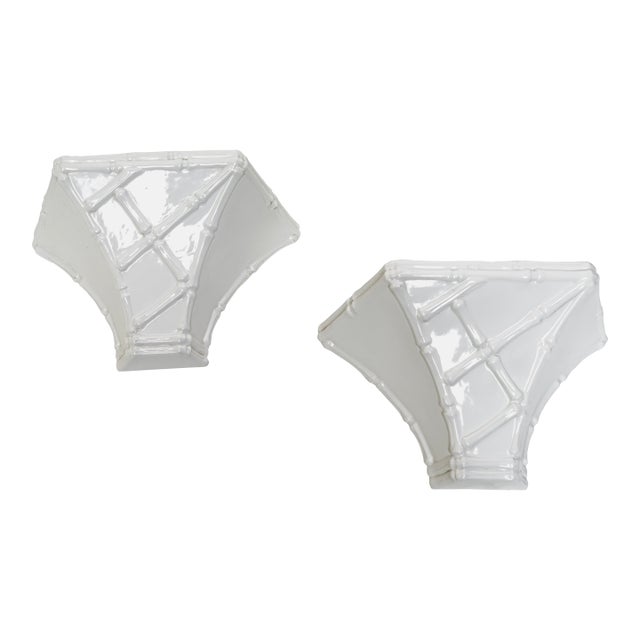 Vintage Italian Faux Bamboo Ceramic Wall Shelf Sconces- Set of 2 For Sale