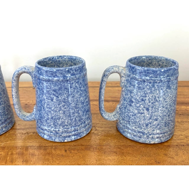 1970s Blue Spongeware Pottery Coffee Mugs - Set of 4 For Sale - Image 6 of 8