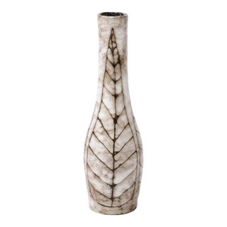 Mid-Century Modernist White and Earth Toned Tapered Ceramic Vase With Leaf Motif For Sale