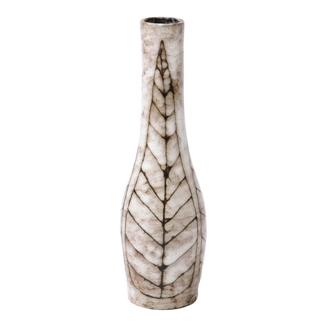 Mid-Century Modernist White and Earth Toned Tapered Ceramic Vase With Leaf Motif For Sale