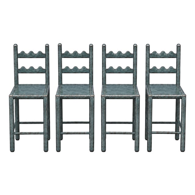 Set of 4 Country French Counter Stools With Custom Antique French Blue Finish For Sale