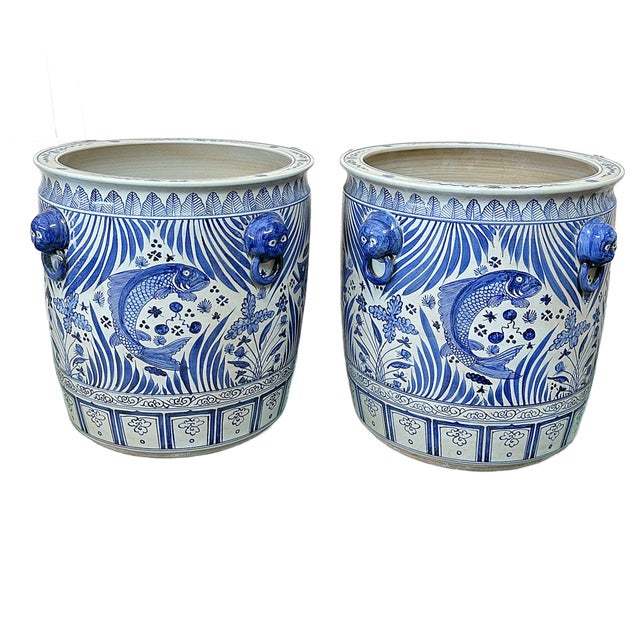 Chinoiserie Contemporary Large Chinoiserie Coastal Blue & White Planters - a Pair For Sale - Image 3 of 5