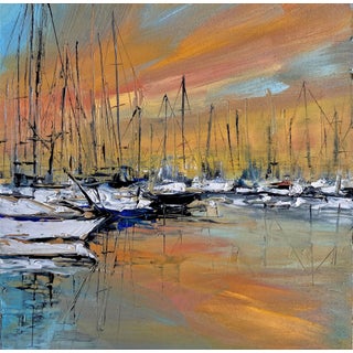 Fire in the Sky by Leigh Ann Van Fossan | Oil on cradled panel Boats and masts at sunset. For Sale