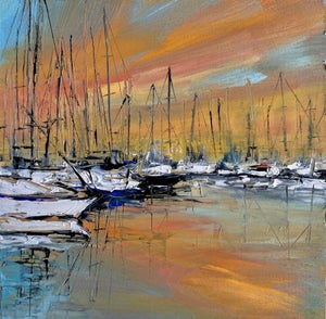 Fire in the Sky by Leigh Ann Van Fossan | Oil on cradled panel Boats and masts at sunset.