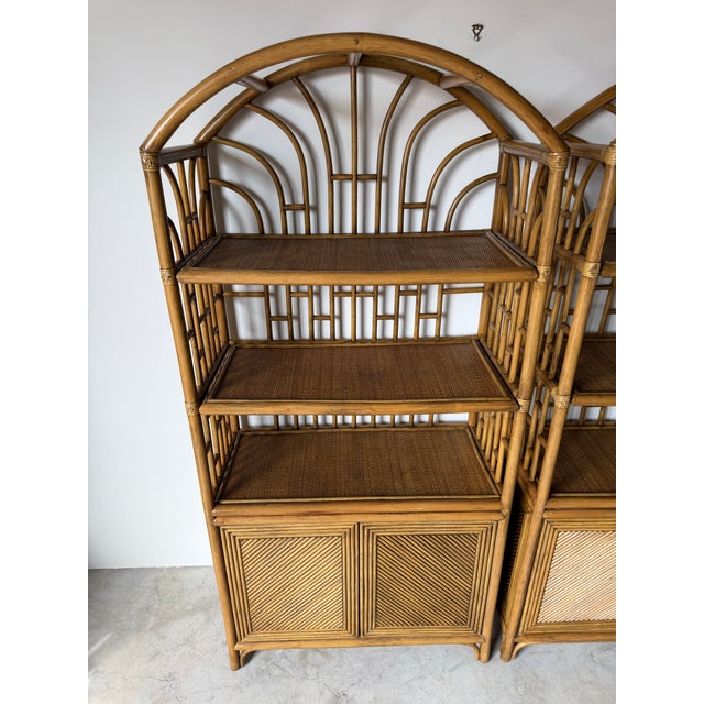 1970's Vintage Palm Beach Regency Arched Rattan Étagères With Cabinets – A Pair For Sale In Miami - Image 6 of 16