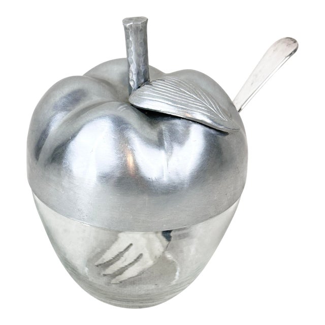 Mid-Century Vintage Glass & Silverplate Apple Condiment Jam Jar With Spoon For Sale