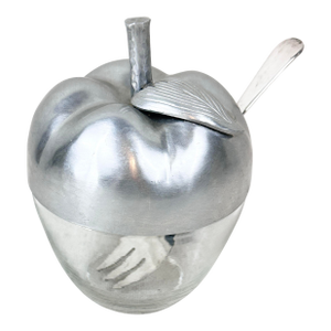 Mid-Century Vintage Glass & Silverplate Apple Condiment Jam Jar With Spoon