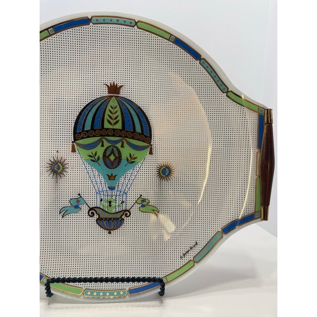 Georges Briard Vintage Georges Briard Lucite Serving Tray Hot Air Balloon MCM Gold Wood Handles Signed For Sale - Image 4 of 10