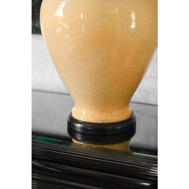 1980s Large Crackle Ceramic Table Lamp with Wooden Base and Raffia Lampshade, 1980s For Sale - Image 5 of 7