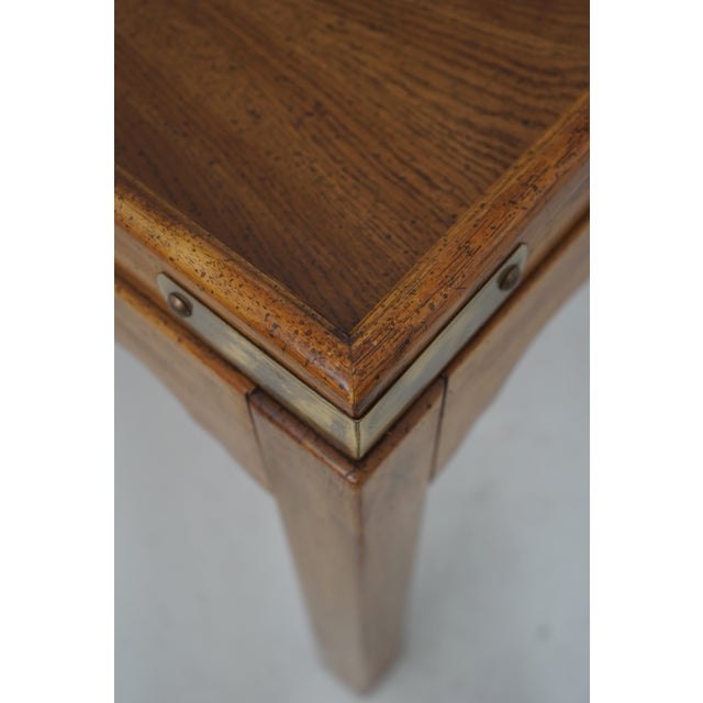 Drexel Drexel Oak Rustic Square Brass Band Lamp Table For Sale - Image 4 of 12