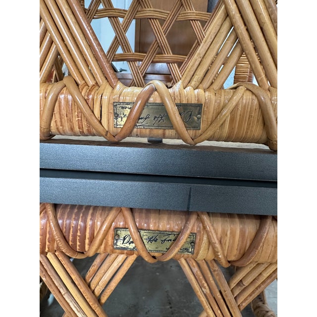 1970s Danny Ho Fong for Tropi-Cal Basket Weave Rattan Side Table Pair For Sale - Image 12 of 12