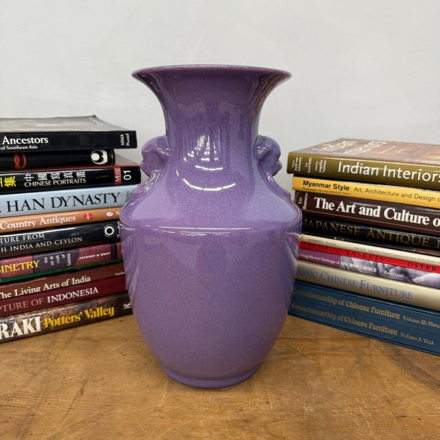 Purple Ceramic Vase with Twin Lion Handles For Sale - Image 4 of 9