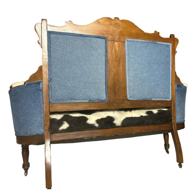 Textile 'Desperado Eastlake' 19th Century Settee Reupholstered in Cowhide and Denim 52" X 22" X 41" For Sale - Image 7 of 12