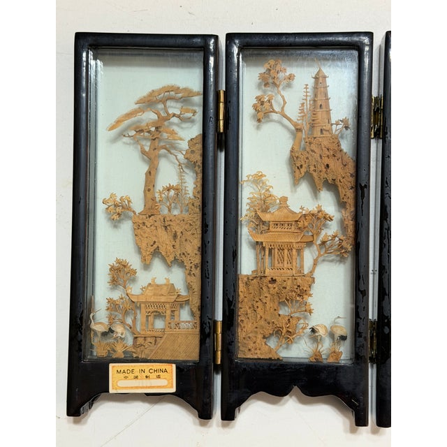 Chinese Mid 20th Century Chinese San You Cork Carving Four\-Panel Tabletop Screen** For Sale - Image 3 of 11