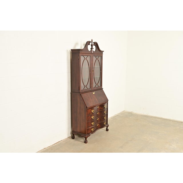 Baker Furniture Company Chippendale Flame Mahogany Drop Front Secretary Desk With Lighted Bookcase Hutch by Jasper Cabinet Co. For Sale - Image 4 of 18
