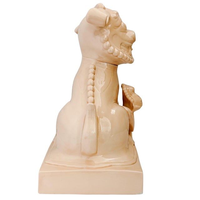 Large Scale Vintage Monochrome Blush Pink Glazed Ceramic Foo Dogs - A Pair For Sale - Image 9 of 17