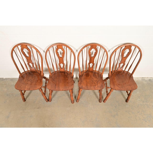 1980s Ethan Allen Style American Colonial Solid Oak Spindle Back Windsor Dining Chairs, Set of Four For Sale - Image 5 of 10
