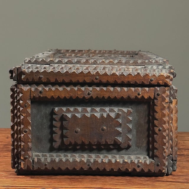 19th Century Monumental Antique Tramp Art Chip-Carved Chest With Medallion/Folk Art For Sale - Image 5 of 11