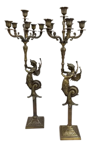 Antique Late 19th - Early 20th Century Winged Mermaid Angel Bronze Six Light Candelabra - A Pair