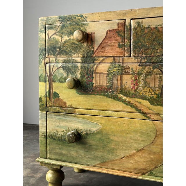 Wood Hand-Painted Cottage Landscape Chest of Drawers, 19th Century For Sale - Image 7 of 18