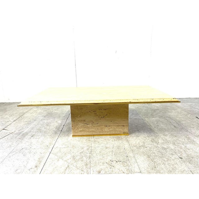 Hollywood Regency Brass and Travertine Coffee Table attributed to Fedam, 1970s For Sale - Image 3 of 12