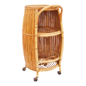 Bonacina Mid-Century Rattan and Bamboo Barrel-Shaped Bar Cart. Italy, 1960s
