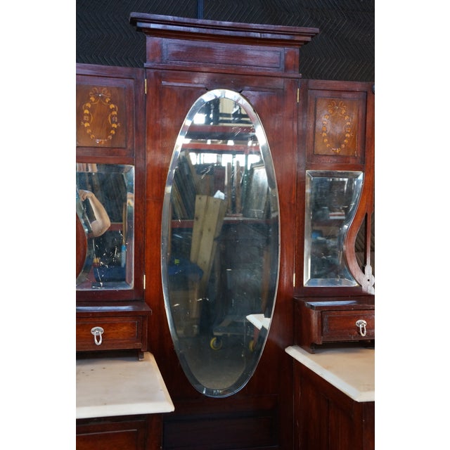 Antique Edwardian Mahogany Marble Top Drop Center Dressing Table Vanity 46" For Sale - Image 4 of 17