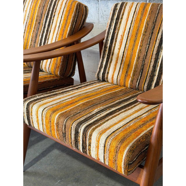Solid Teak Lounge Armchairs in Style of Folke Ohlsson Set of 3 Striped Upholstery Danish Mid-Century Modern 1960s For Sale - Image 9 of 12