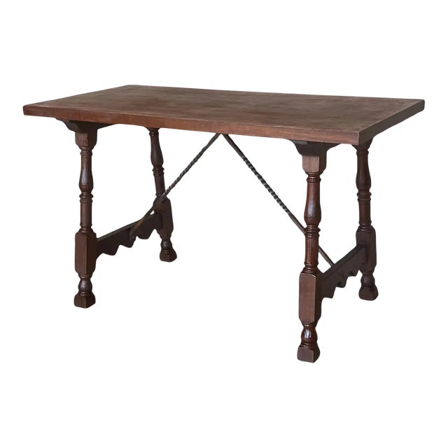 19th Spanish Side Table With Cared Turned Legs and Iron Stretcher For Sale
