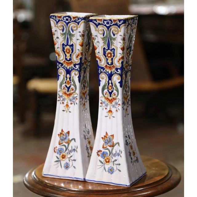 Ceramic Pair of 19th Century French Hand-Painted Faience Trumpet Vases For Sale - Image 7 of 11