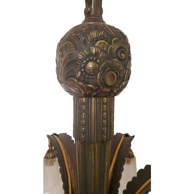 Mid 20th Century Mid 20th Century French Gilt Bronze + Frosted Art Glass Palm Tree Chandelier by Gilles For Sale - Image 5 of 12