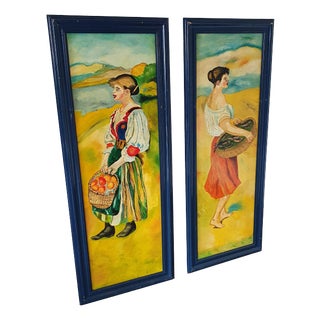 Unknown, Naive Paintings, 1970s, Acrylic on Board, Framed, Set of 2 For Sale