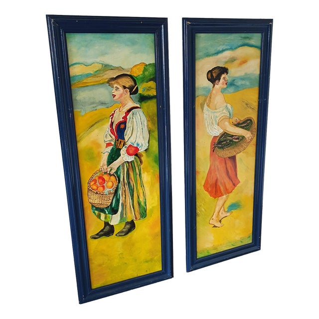 Unknown, Naive Paintings, 1970s, Acrylic on Board, Framed, Set of 2 For Sale