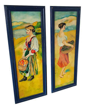 Unknown, Naive Paintings, 1970s, Acrylic on Board, Framed, Set of 2