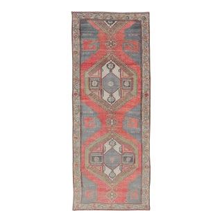 Red Field Vintage Turkish Oushak Gallery Runner With a Geometric Design 4'7" X 12'8" For Sale