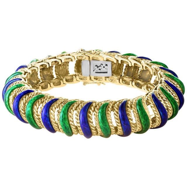 18 Karat Yellow Gold 95 Grams and Green and Blue Enamel Bangle or Bracelet For Sale - Image 15 of 18