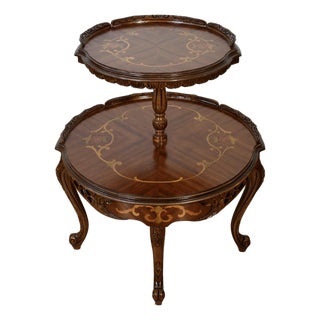 1920 Antique French Louis XV Walnut Inlaid 2 Tier Side End Table / Serving Table For Sale