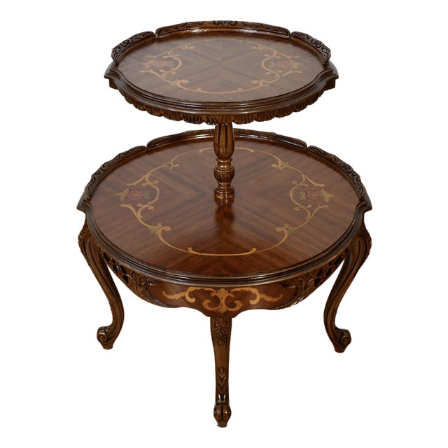1920 Antique French Louis XV Walnut Inlaid 2 Tier Side End Table / Serving Table For Sale