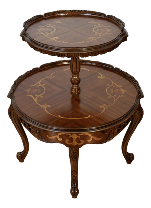 1920 Antique French Louis XV Walnut Inlaid 2 Tier Side End Table / Serving Table