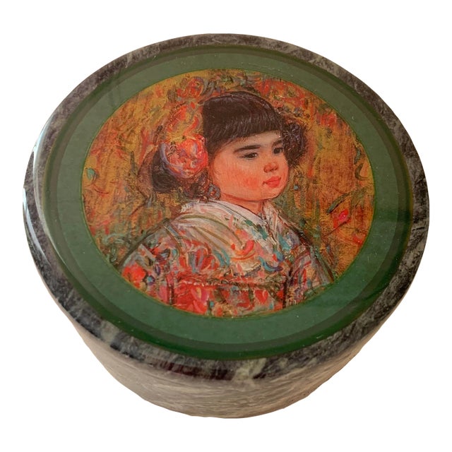 Vintage Mid Century Neoclassical Green Marble Round Box For Sale