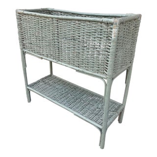 Antique American Victorian Light Green Wicker Plant Stand, Late 19th Century For Sale