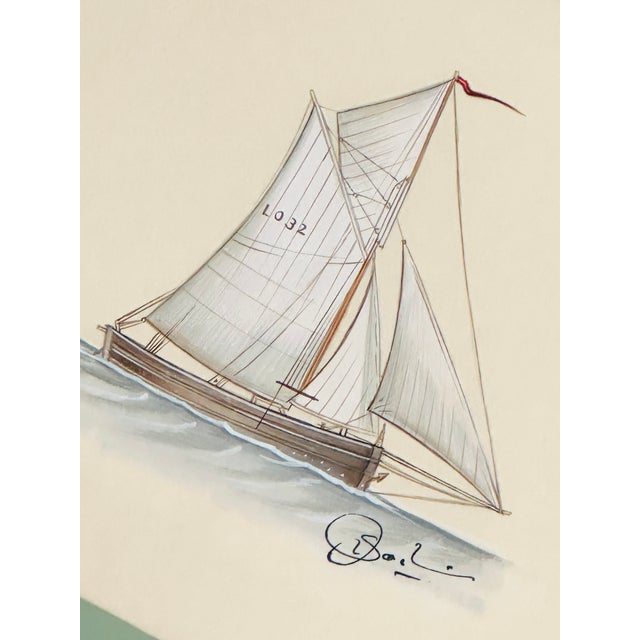 This hand-painted sailboat features meticulously rendered sails, each outlined with fine linework that highlights the...