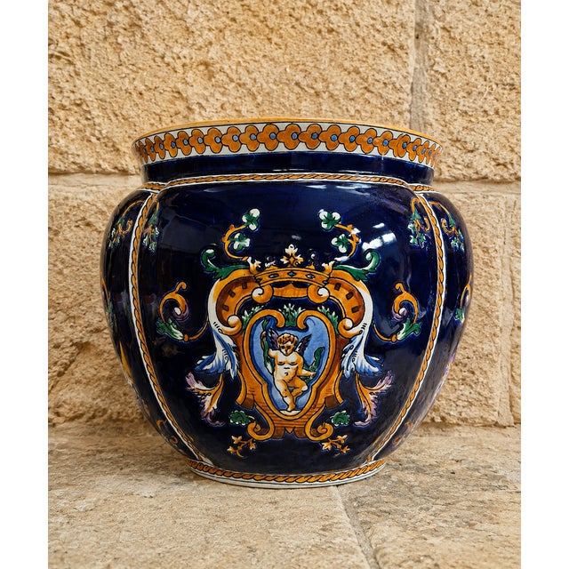 Blue Renaissance Style Glazed Earthenware Cachepot with Heraldic Decoration from Gien For Sale - Image 8 of 8