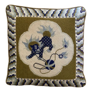 Vintage Chinoiserie Foo Dog Needlepoint Pillow Hand Made For Sale