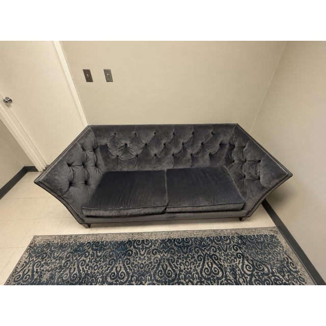 Ethan Allen Ethan Allen Blue/Gray Tufted Shelton Sofa With Nailhead Trim For Sale - Image 4 of 12