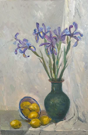 "Irises Flowers and Lemons" Original Impressionist Flower Still Life Oil on Canvas Painting Art by Anna Novick