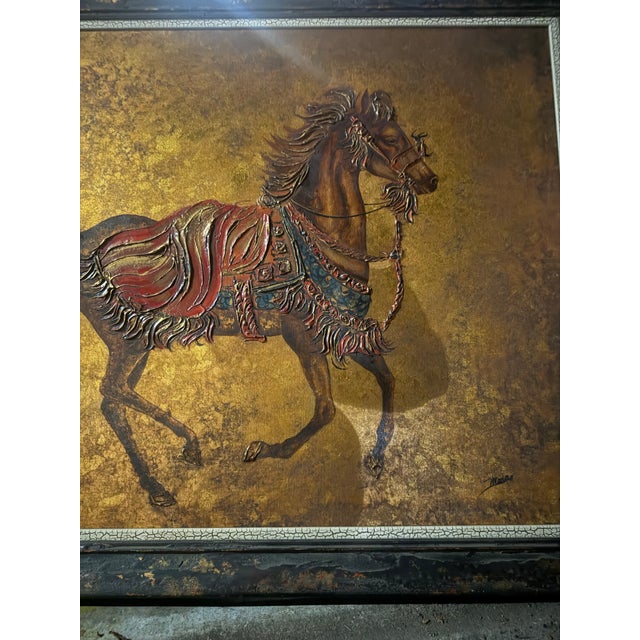 Art Deco Vintage Carousel Dancing Horse Large Oil Painting Signed 47x37 For Sale - Image 3 of 6
